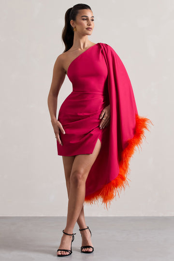 Lyrika Dark Pink Asymmetric Cape Sleeve Mini Dress With Feathers